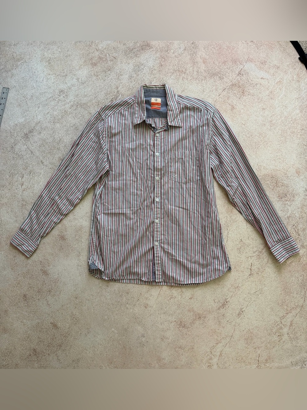 Men's Long-Sleeve Striped Dress Shirt - White with Red & Green Stripes